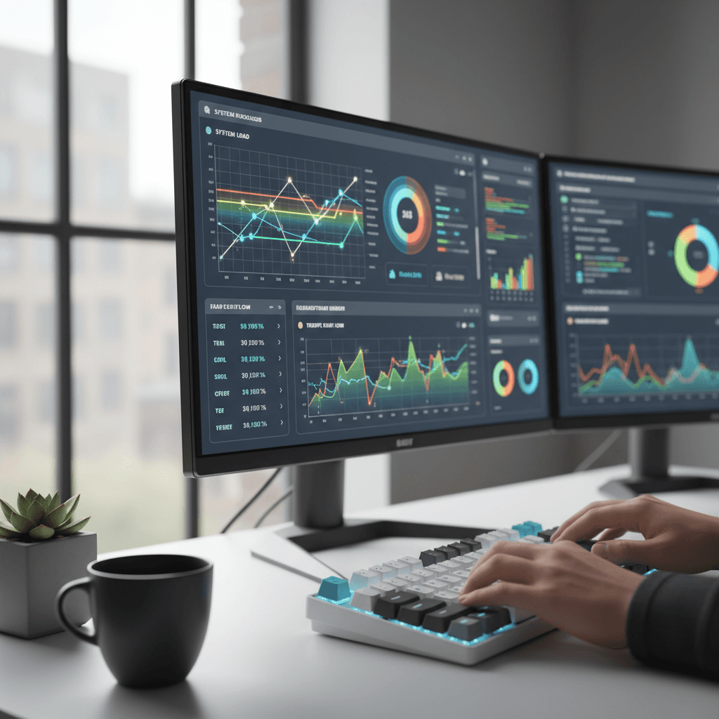 Developer monitoring website AI-agent compatibility on dual monitors