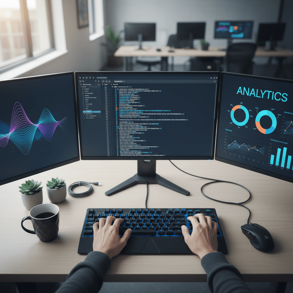 Developer working at desk with AI compatibility dashboards on multiple monitors