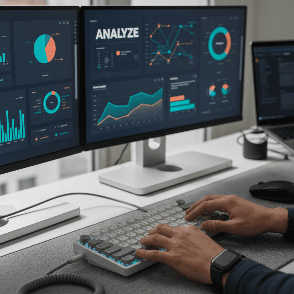 Developer testing website AI compatibility on a monitor with performance dashboards